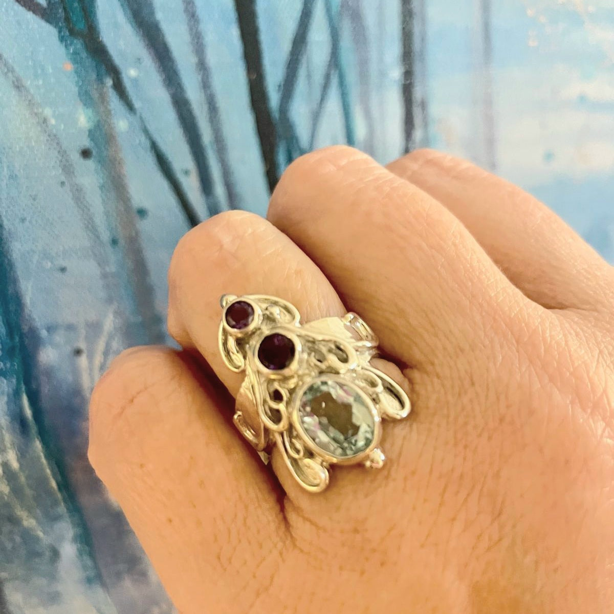 Silver "Bee" Ring; Amethyst and Blue Topaz