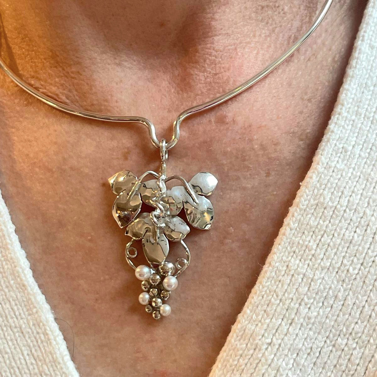 Silver Pendant with a bunch of Grapes on the Vine, in Silver and Seed Pearls.