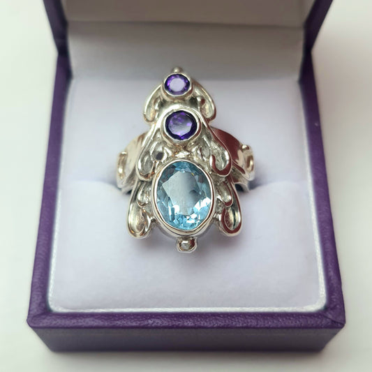 Silver "Bee" Ring; Amethyst and Blue Topaz