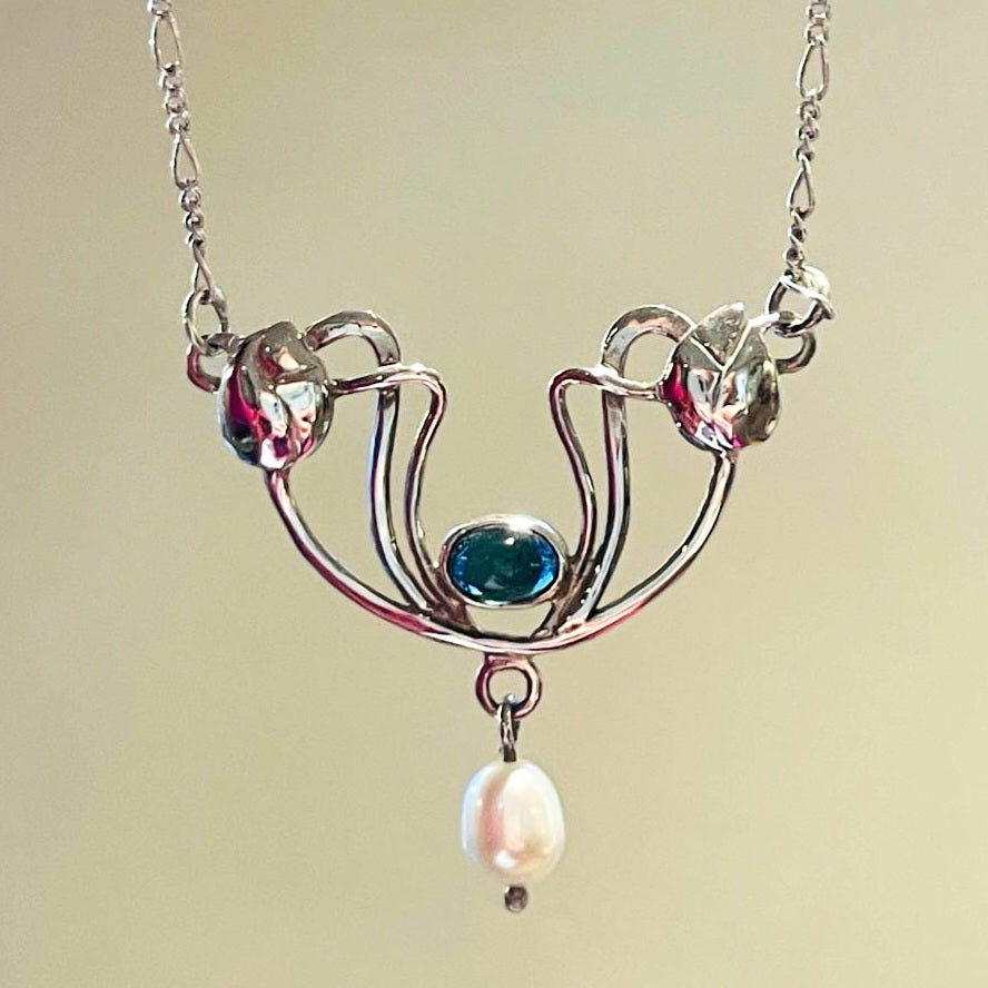 Silver Chain and Pendant with blue/green Tourmaline and Pearl.