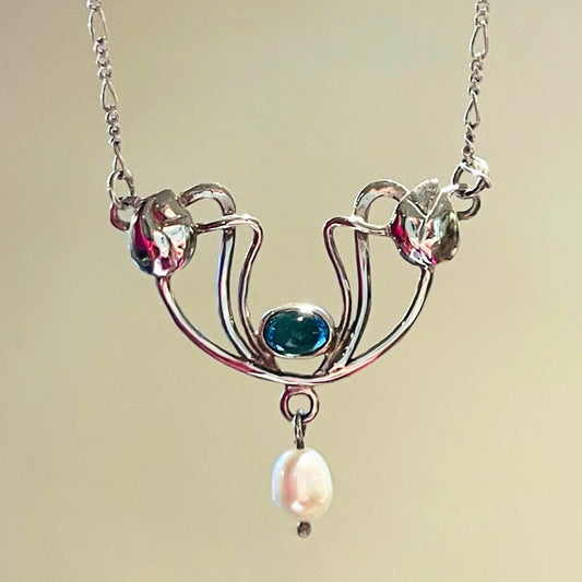 Silver Chain and Pendant with blue/green Tourmaline and Pearl.