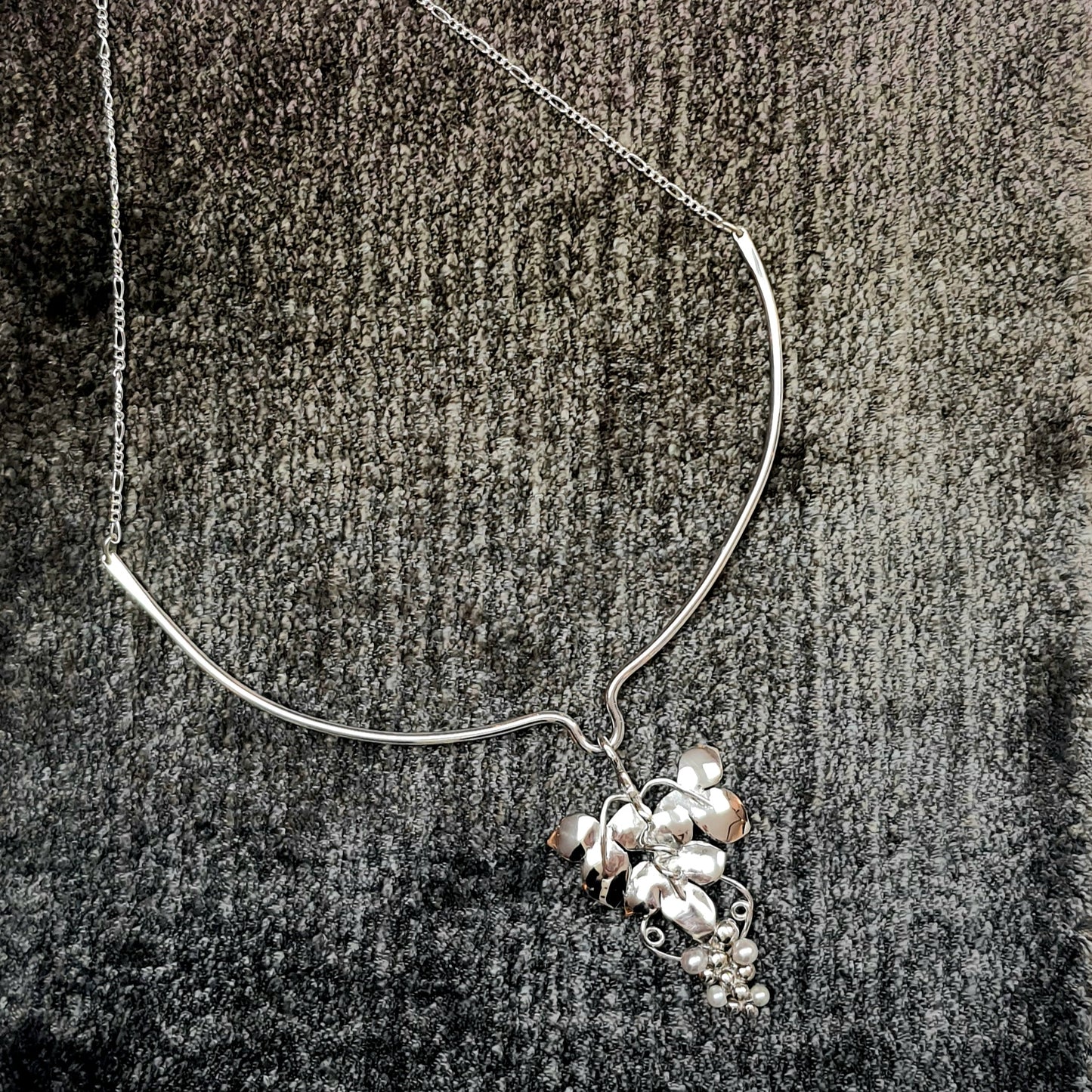 Silver Pendant with a bunch of Grapes on the Vine, in Silver and Seed Pearls.